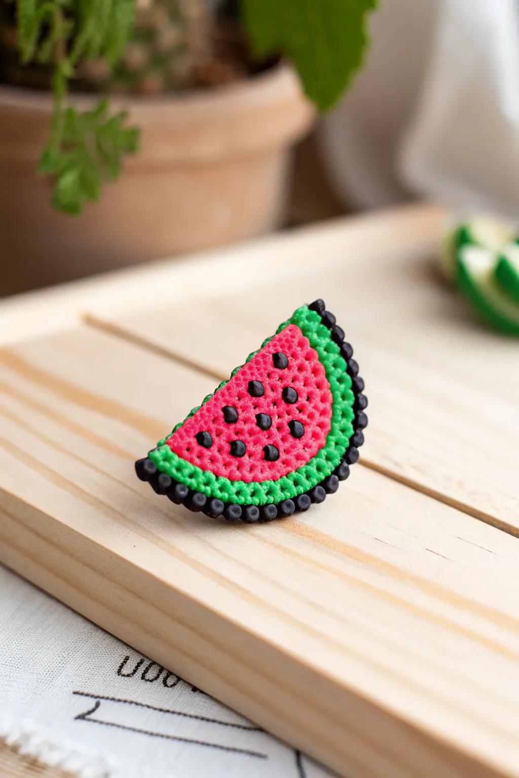 Add a slice of summer to your style with this adorable Perler bead watermelon pin!