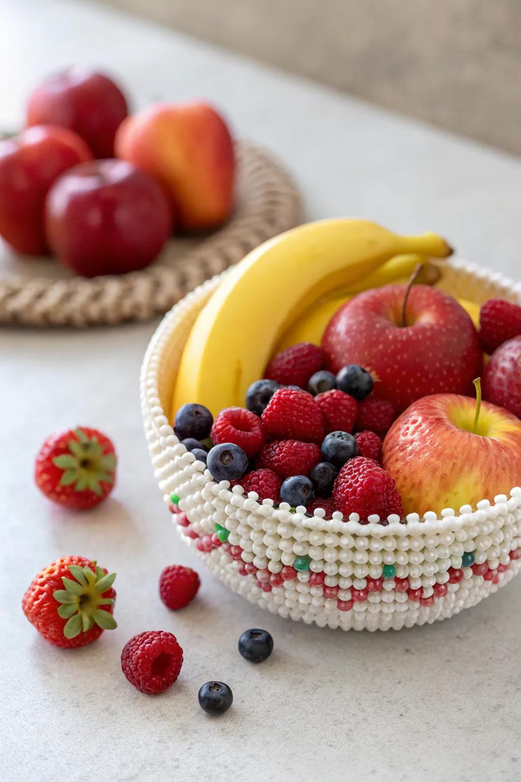 Brighten your space with a playful touch: a mini fruit bowl crafted from Perler beads, the perfect blend of color and creativity!