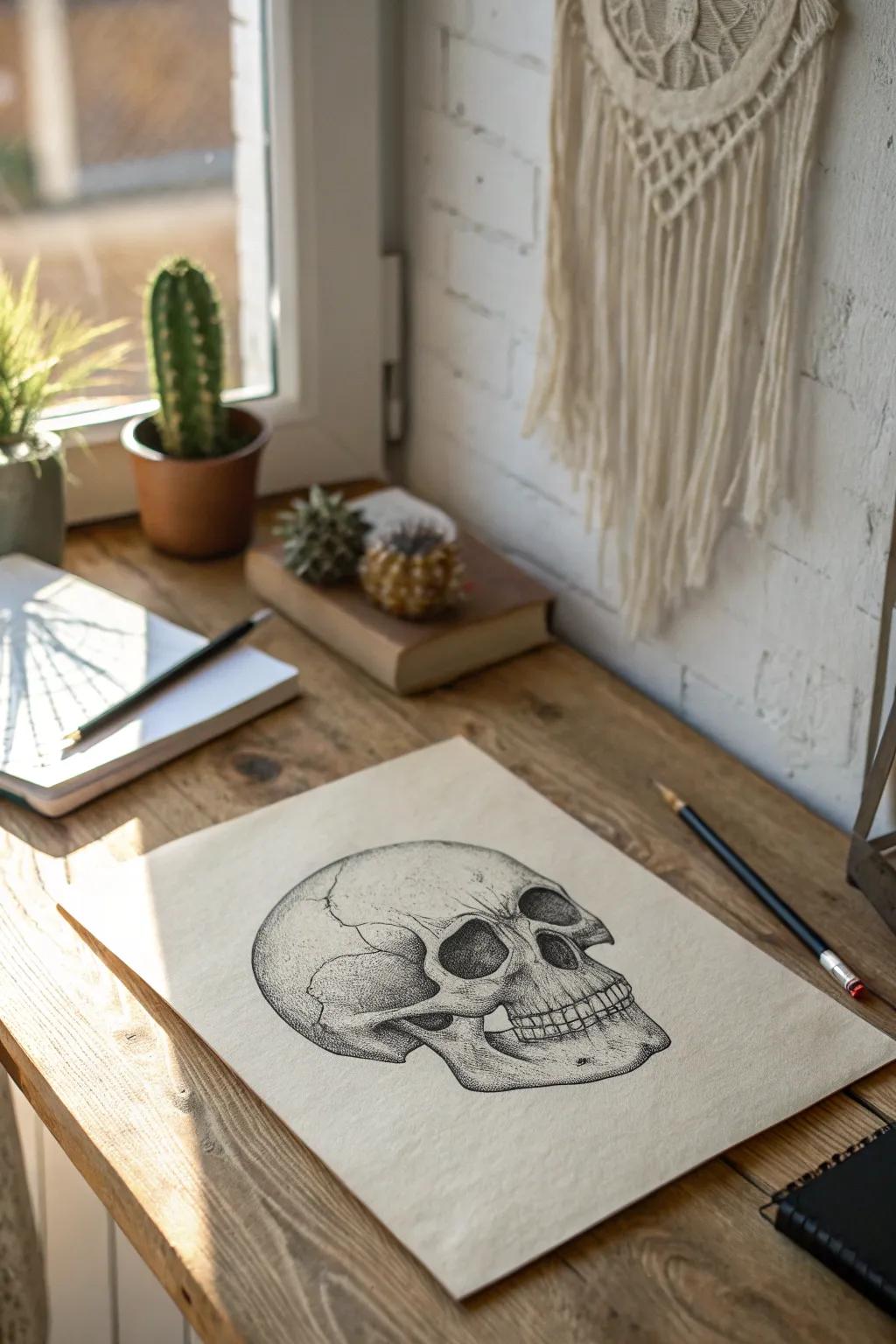 Embrace the art of mystique with a perfectly balanced skull sketch that combines precision and creativity.