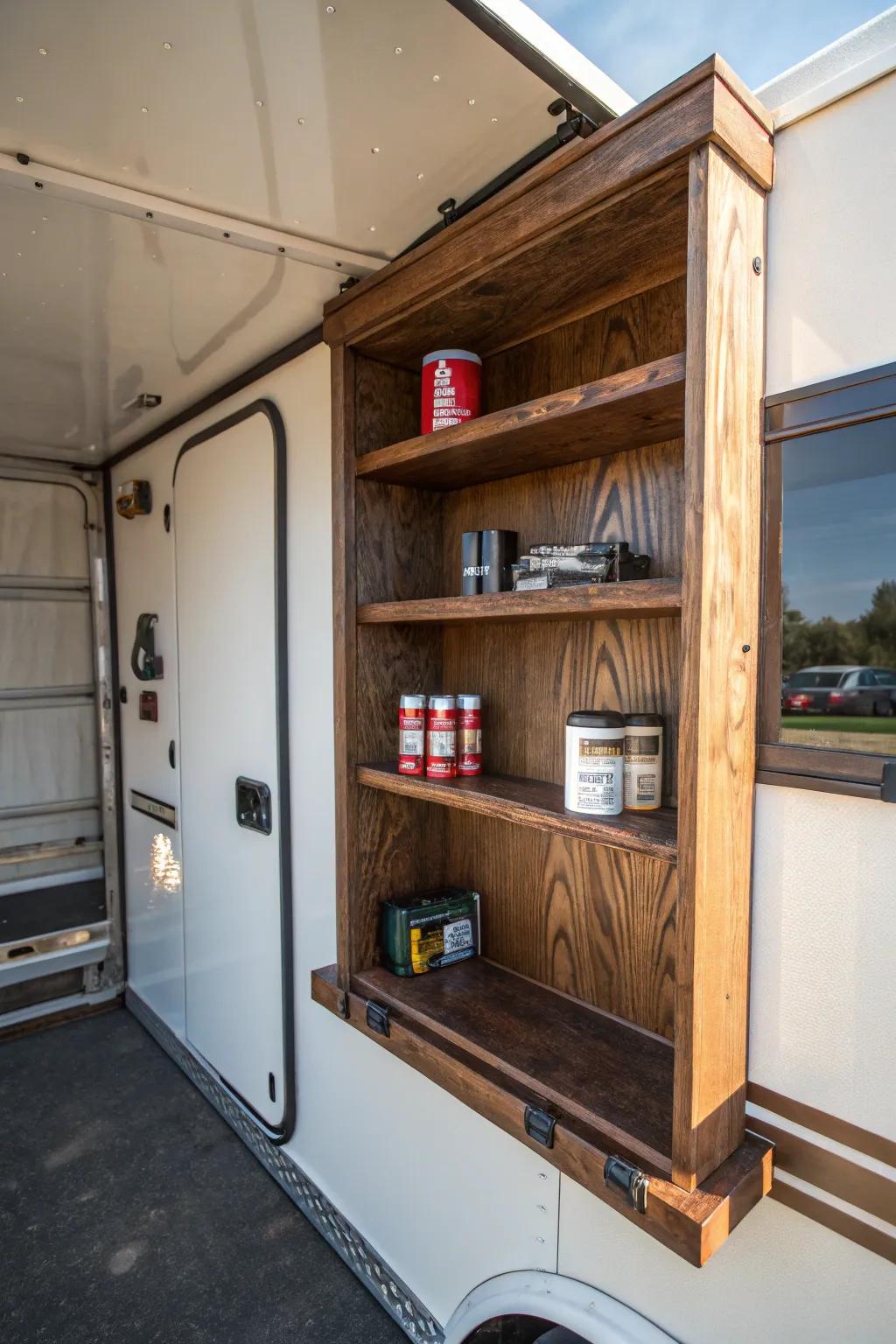 Maximize space with elegant craftsmanship: Corner shelving for your trailer.