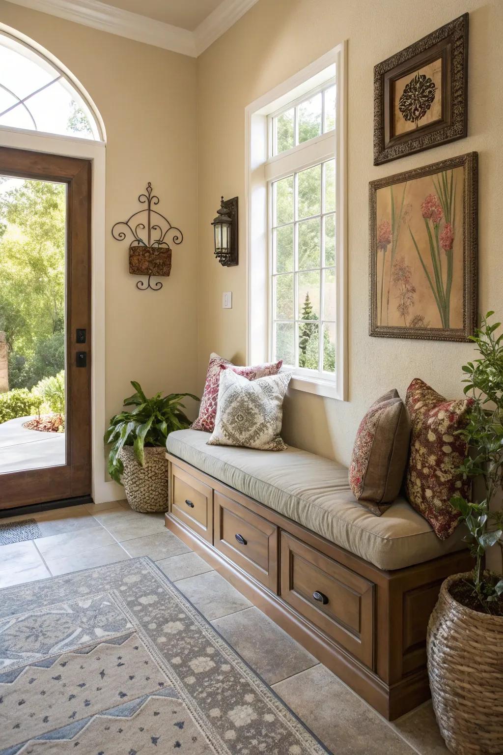 Seating adds comfort and practicality to the entryway.