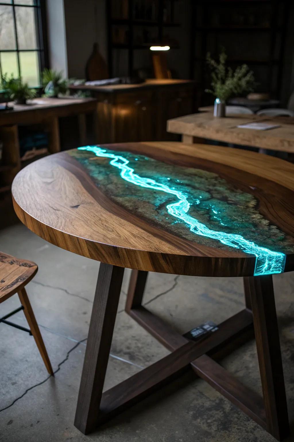 Transform your space with the captivating allure of a glow-in-the-dark epoxy table, where craftsmanship meets enchantment.