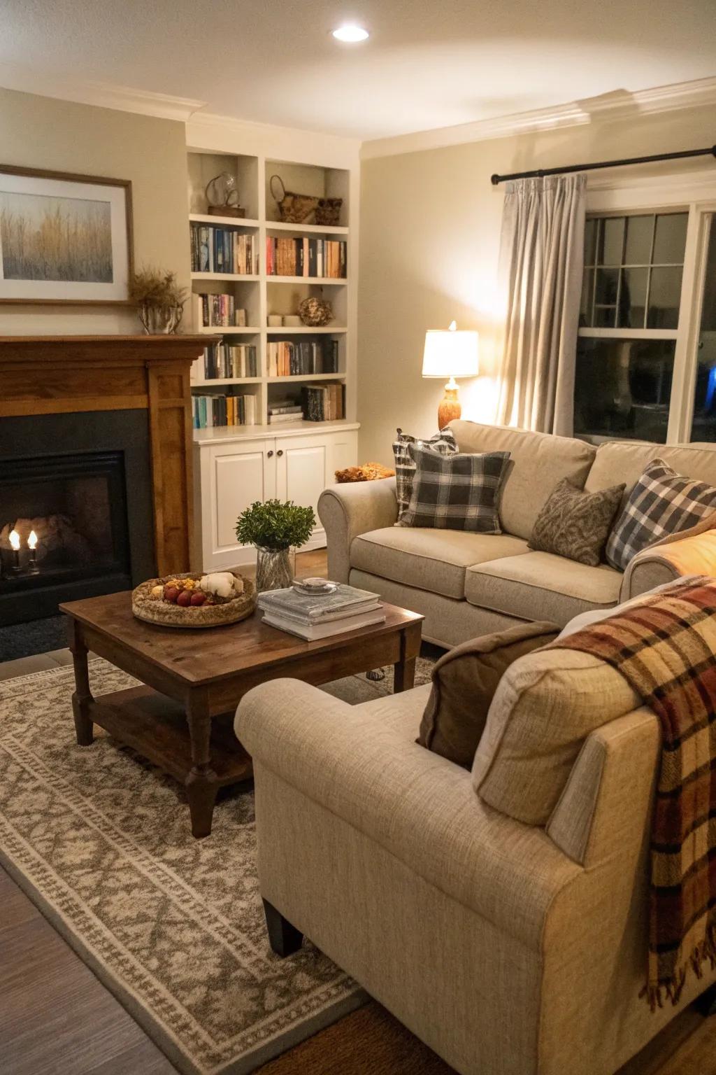 Cozy seating arrangements make this European-style living room inviting.
