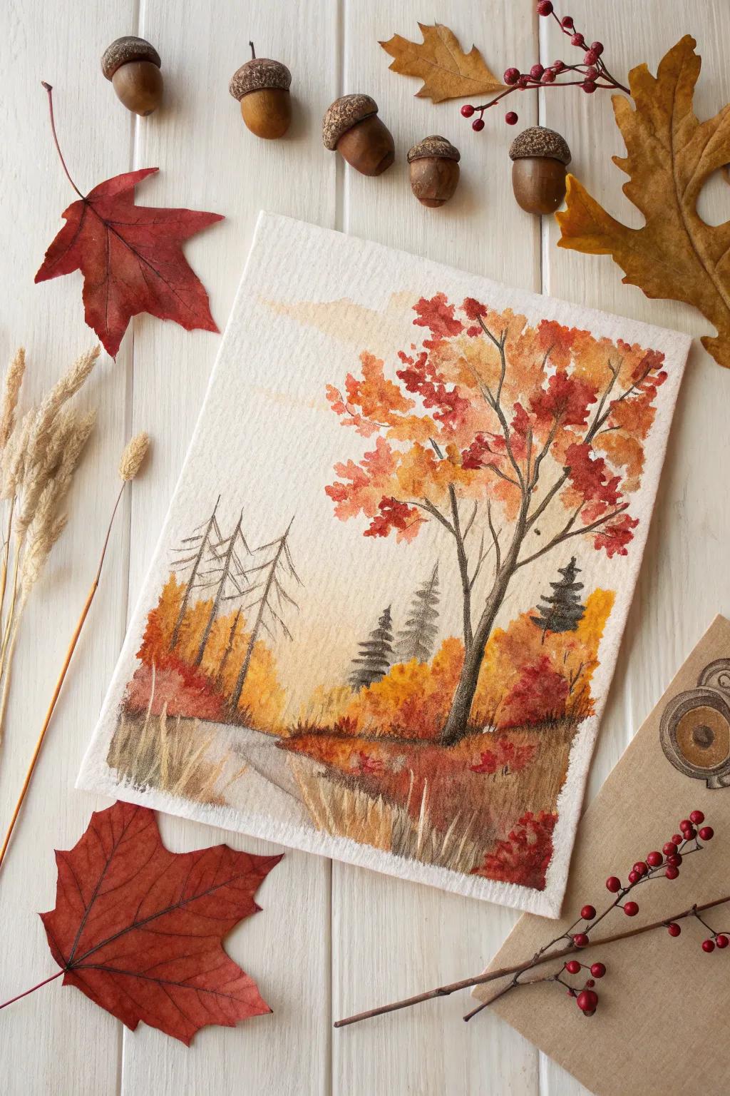 Embrace the beauty of fall with this enchanting mixed media landscape—where nature meets art in perfect harmony.