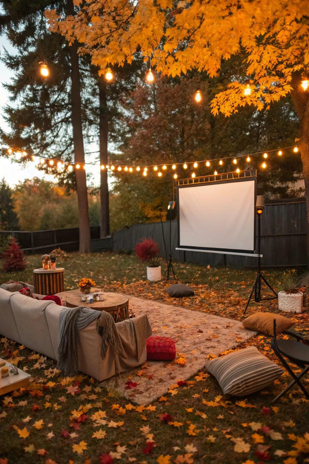 Relax and enjoy a film under the autumn sky for a cozy birthday celebration.