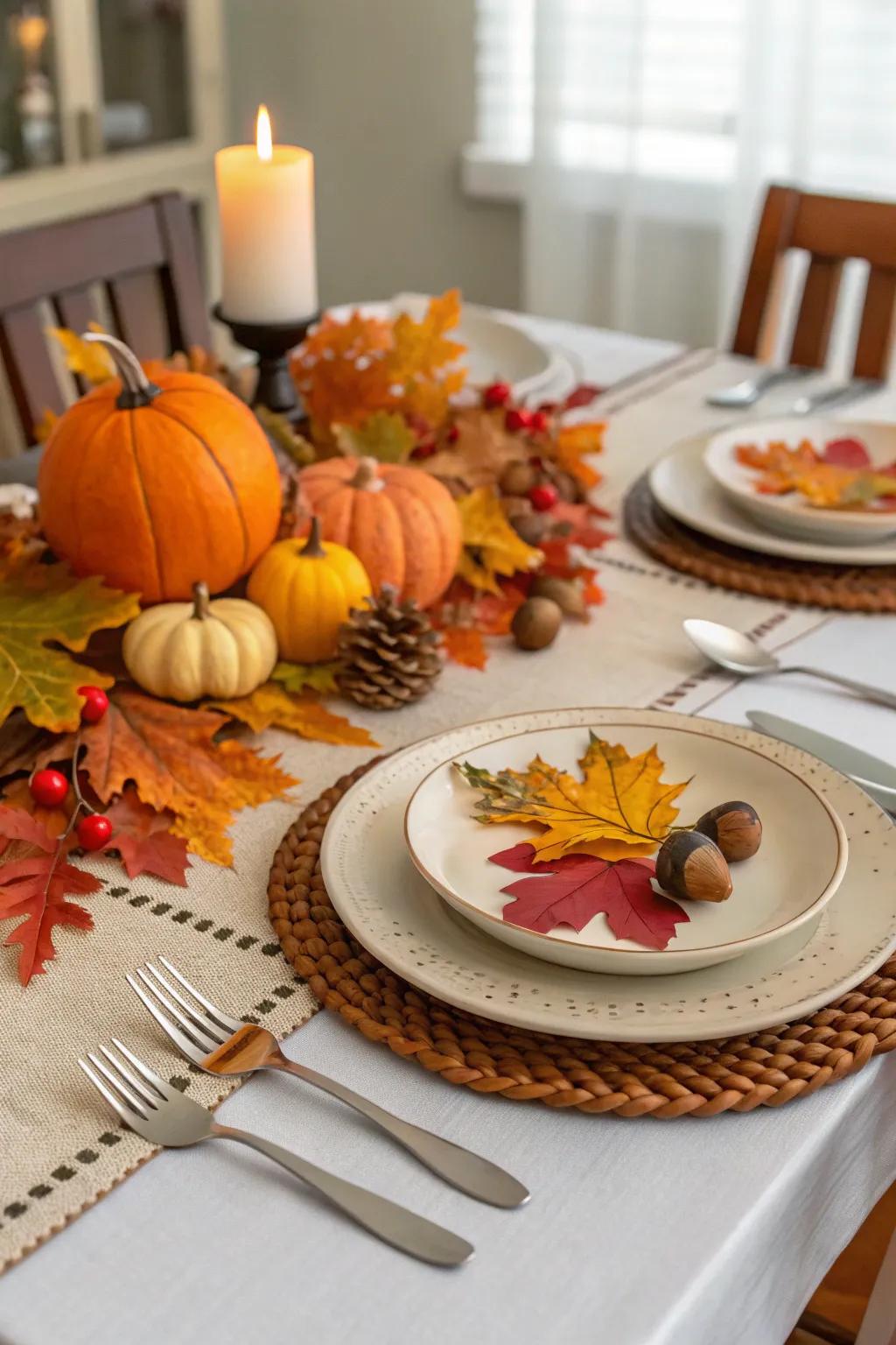 Seasonal dinnerware adds a festive touch to fall meals.