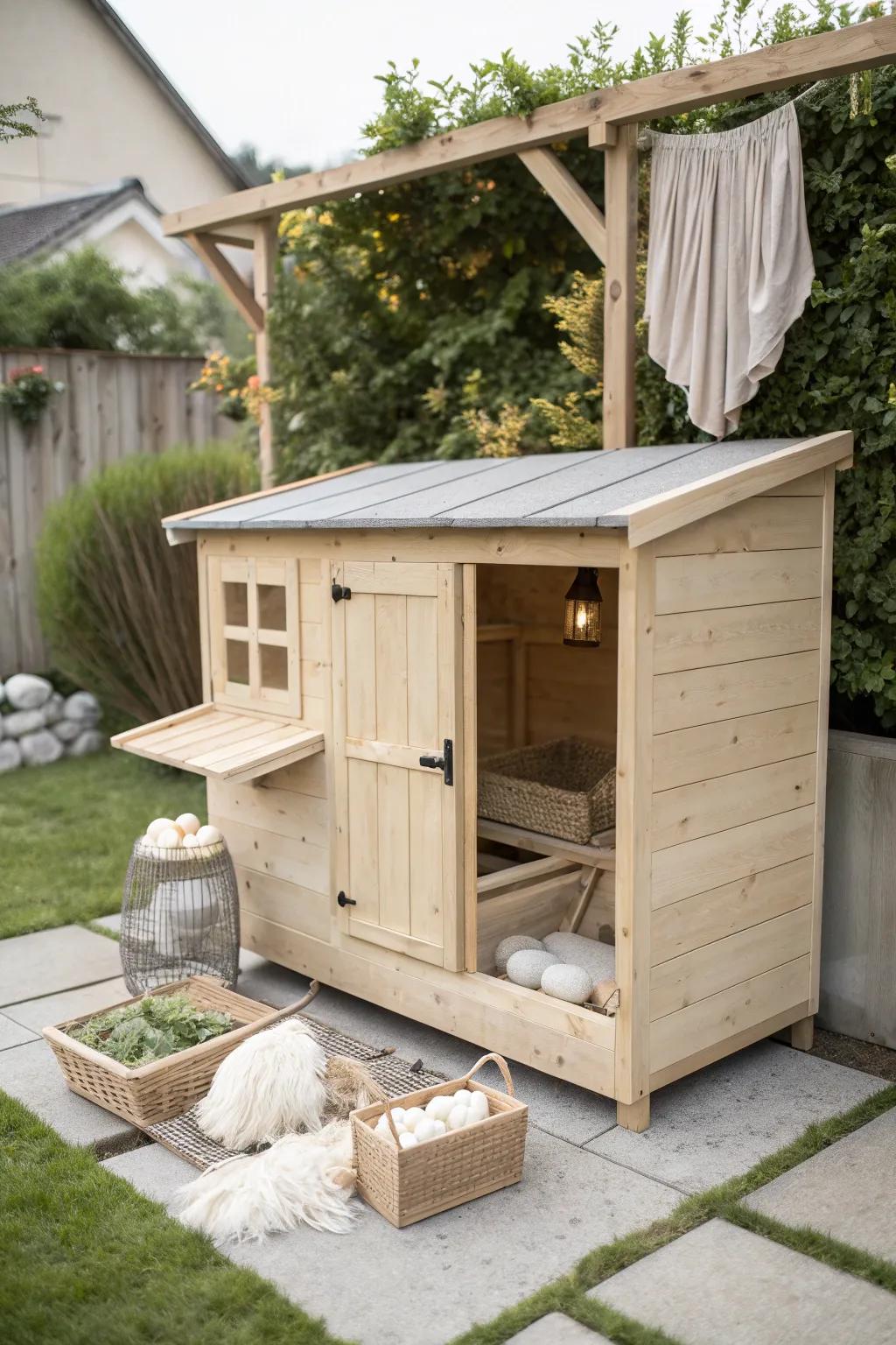 Elevate your backyard with a chic and functional chicken coop designed with Scandinavian minimalism and Boho charm. 🐔✨ #CoopGoals