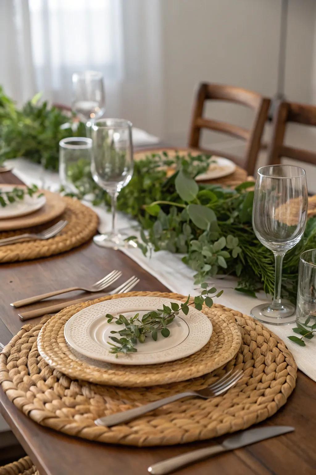 Natural elements like woven placemats create a warm, inviting vibe.