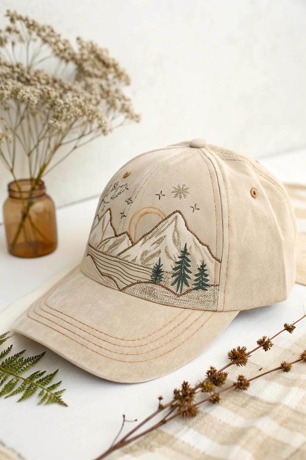Embrace the wilderness with this nature-inspired embroidered hat, where simplicity meets the serenity of the great outdoors.