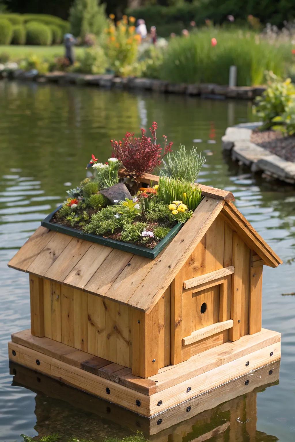 Elevate your pond with a stunning floating garden oasis, merging craftsmanship and nature.