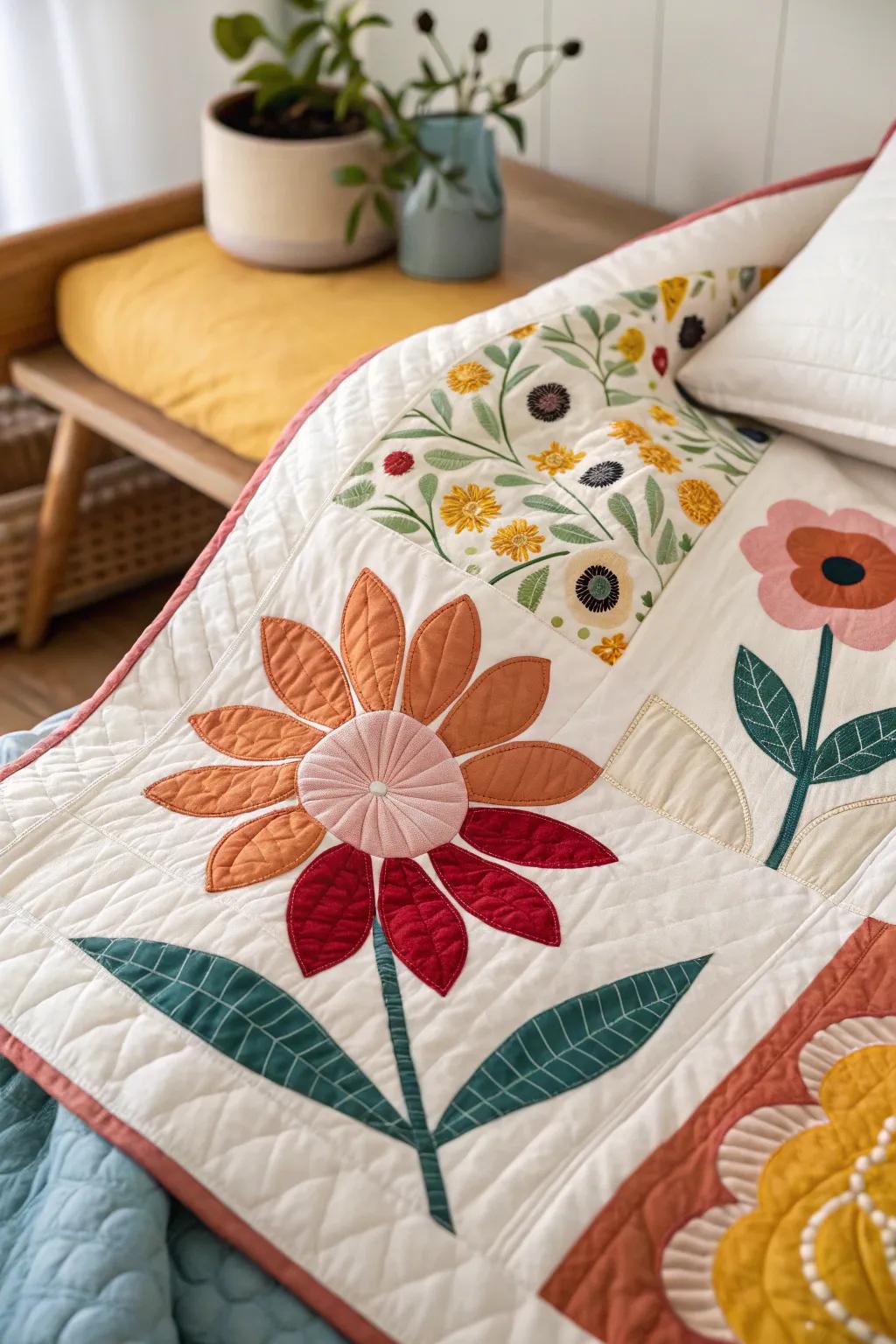 Embrace the elegance of modern floral quilt blocks, where bold colors meet minimalist design.