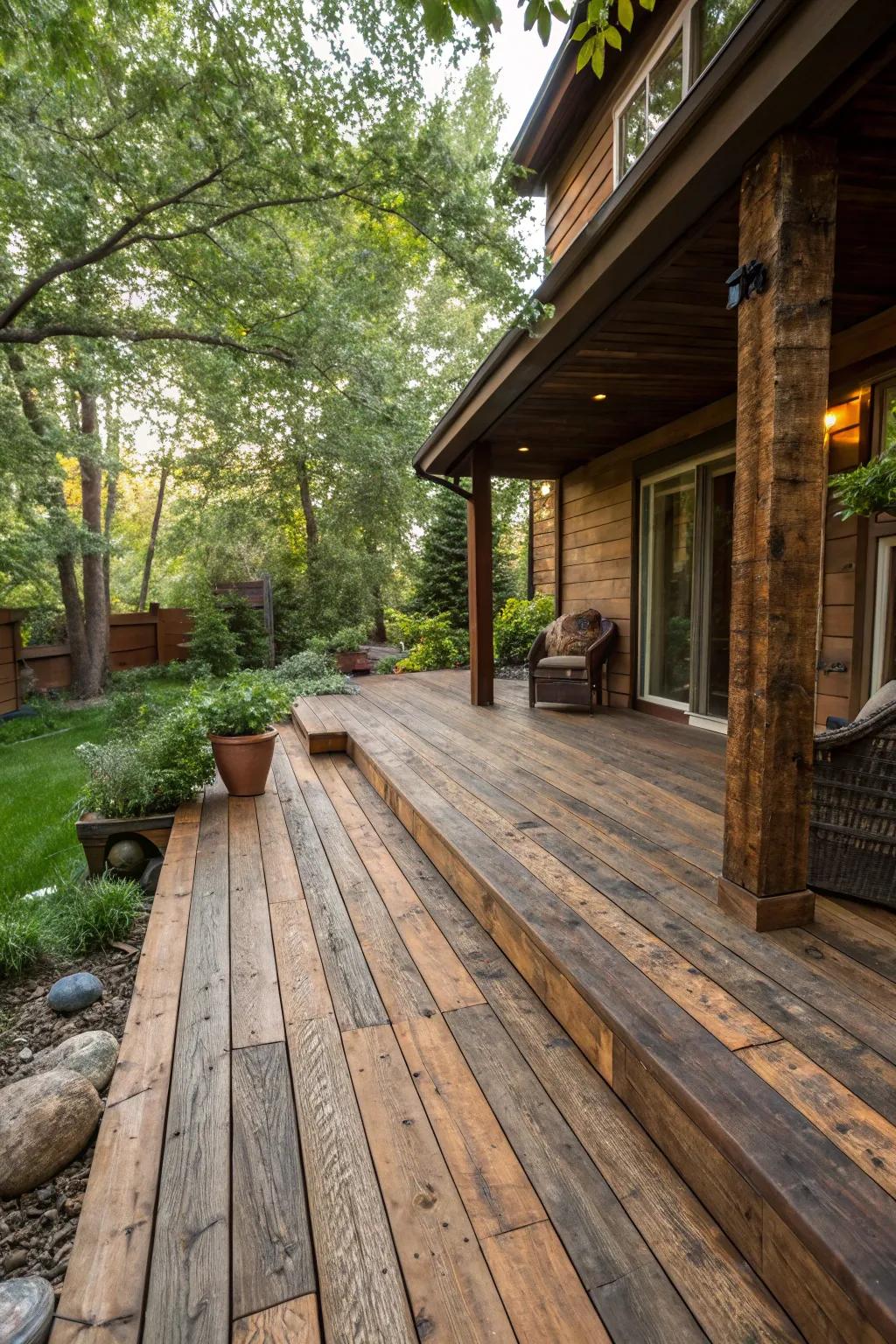 Embrace the charm of nature with a rustic deck crafted from reclaimed wood – your perfect backyard retreat.