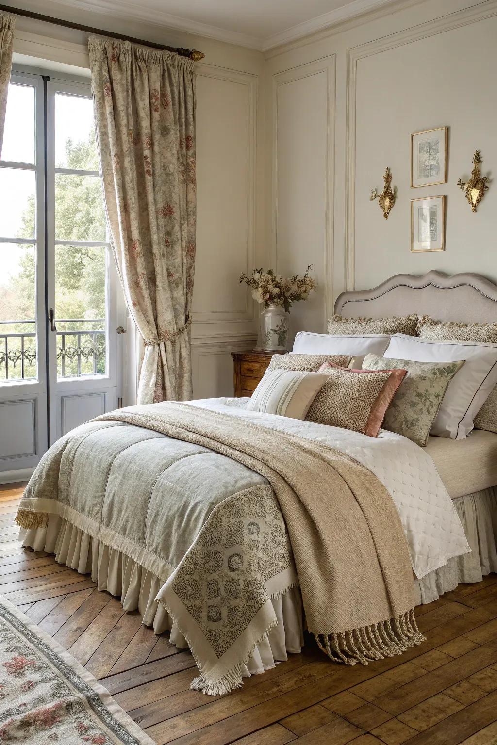 Layered textiles add comfort and depth to this French bedroom.