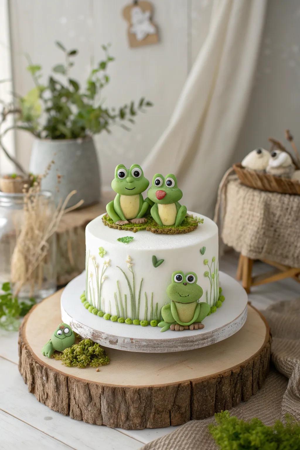 Invite whimsy to your celebration with this adorable frog family cake, where each little froggy finds its cozy spot!