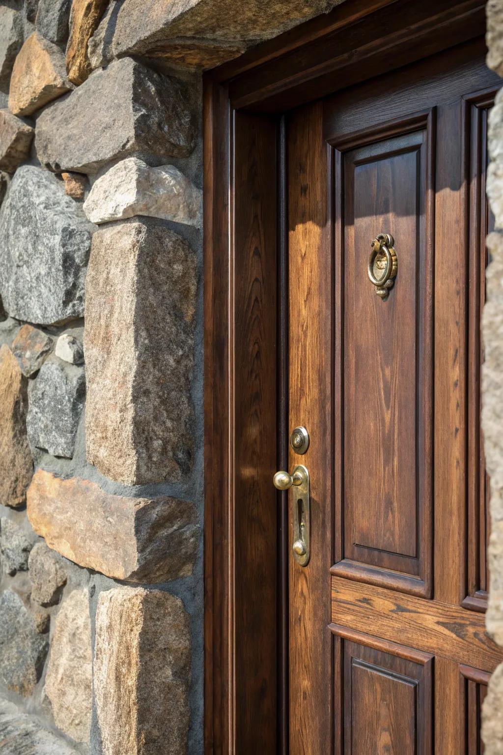 Elevate your entrance with a rustic blend of stone and wood textures.