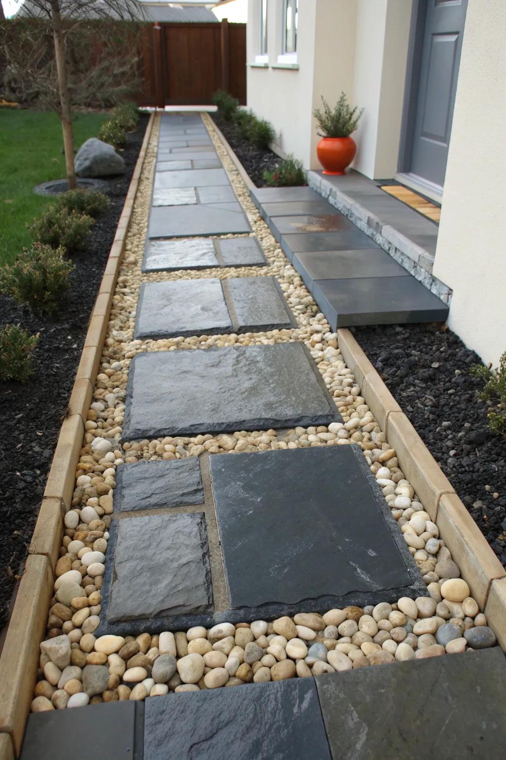 Enhance your entrance with a striking contrast: dark slate stepping stones framed by light pebbles.