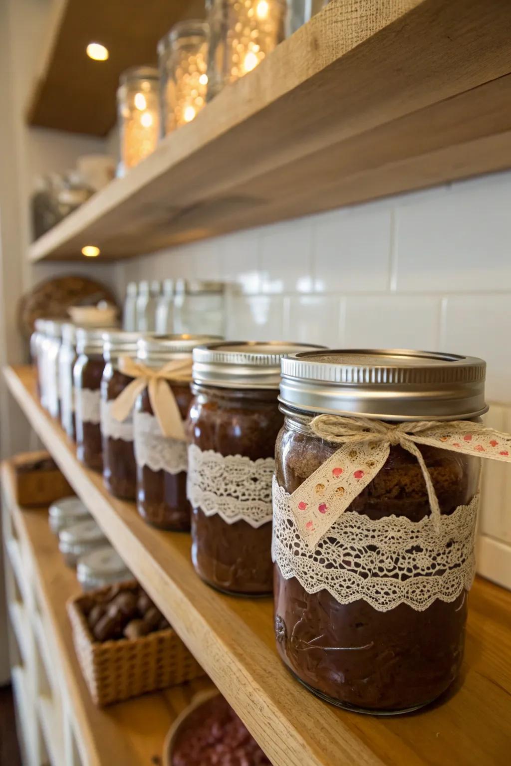 Charming mason jars filled with delicious fudge.