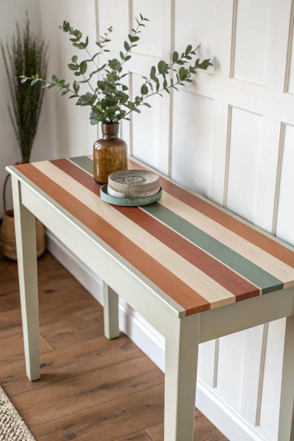 Add a bold touch to your space with this striking striped console table, where Scandinavian simplicity meets boho charm.