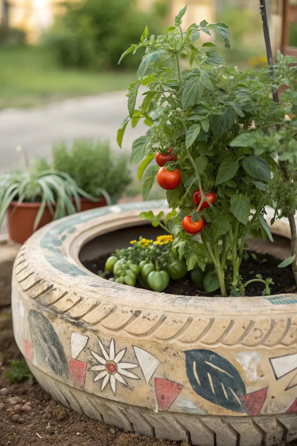 Crafting Nature: Transform your space with a tire garden that's both eco-friendly and productive.