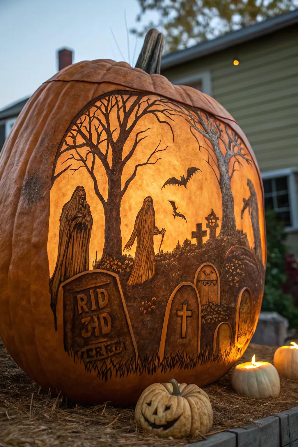 Master the art of pumpkin carving with this hauntingly beautiful graveyard scene.