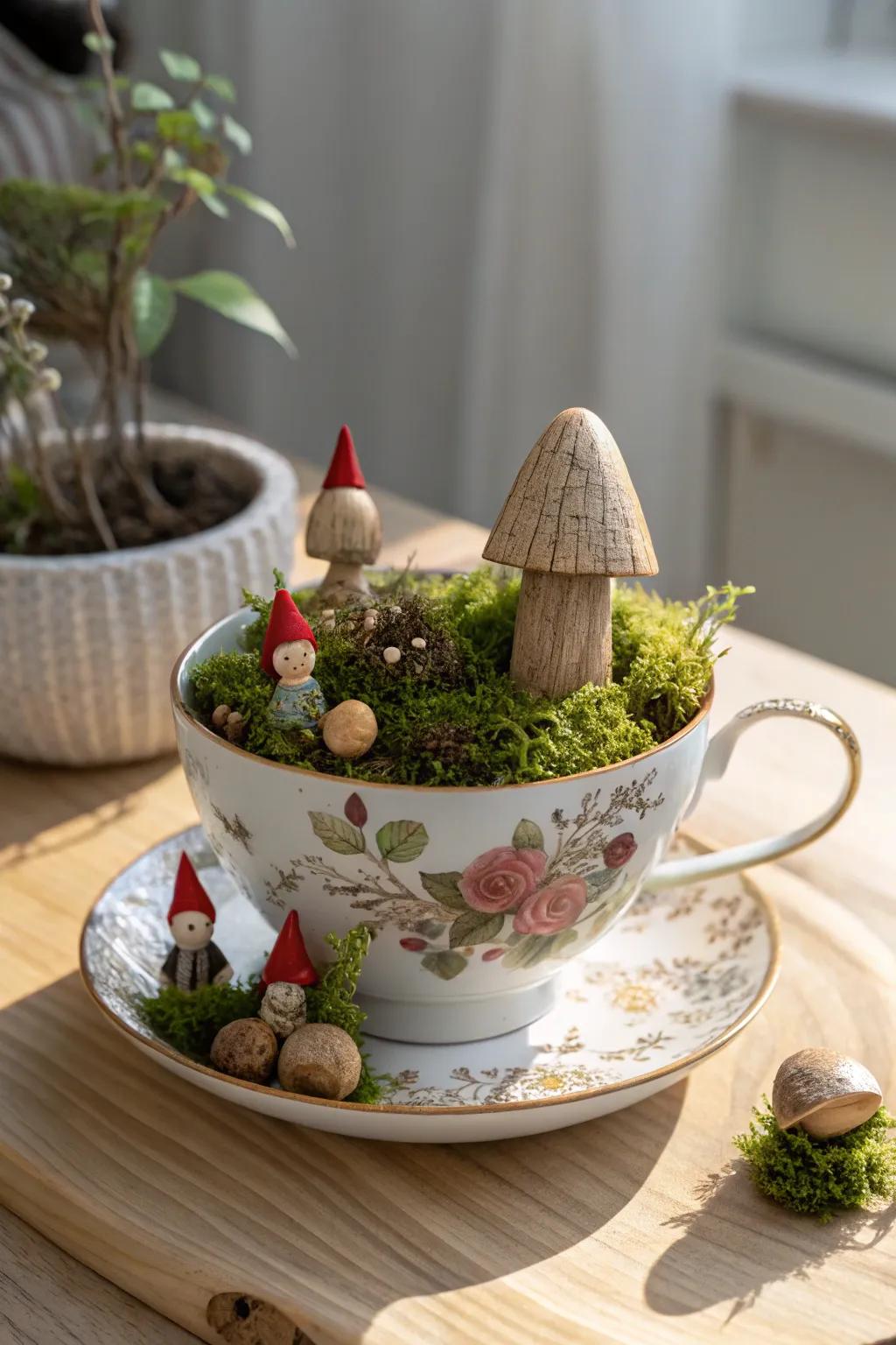 Transform your space with a touch of whimsy: a gnome village in a vintage teacup.