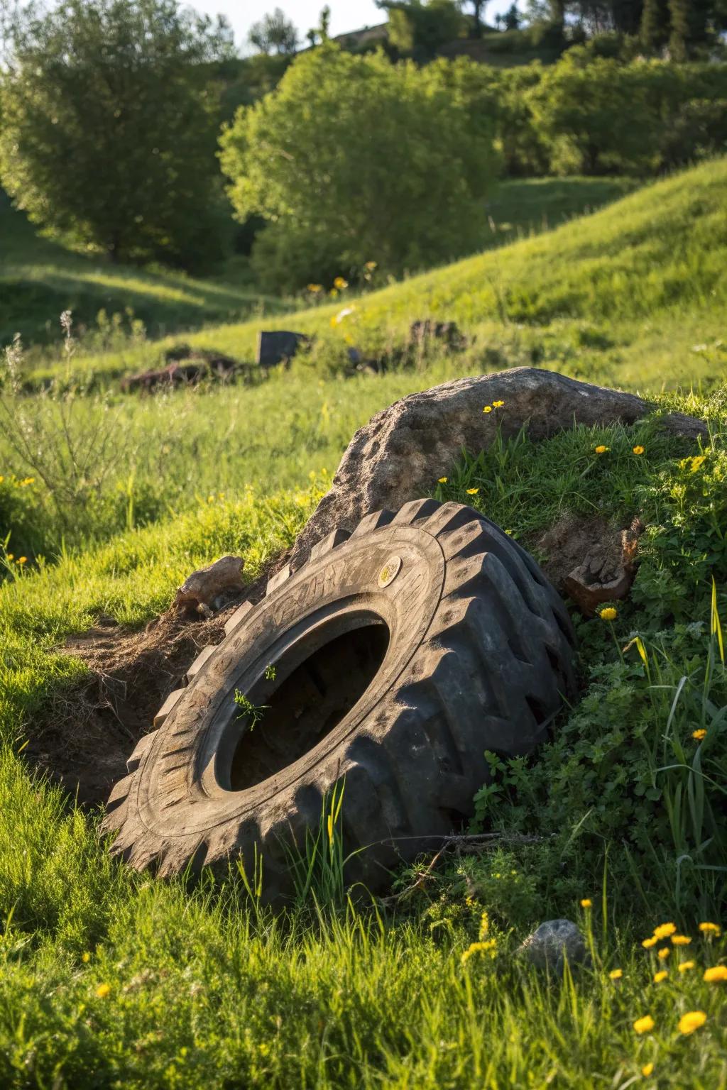 Elevate your goat's playtime with a rustic tire mound, blending nature and craftsmanship.