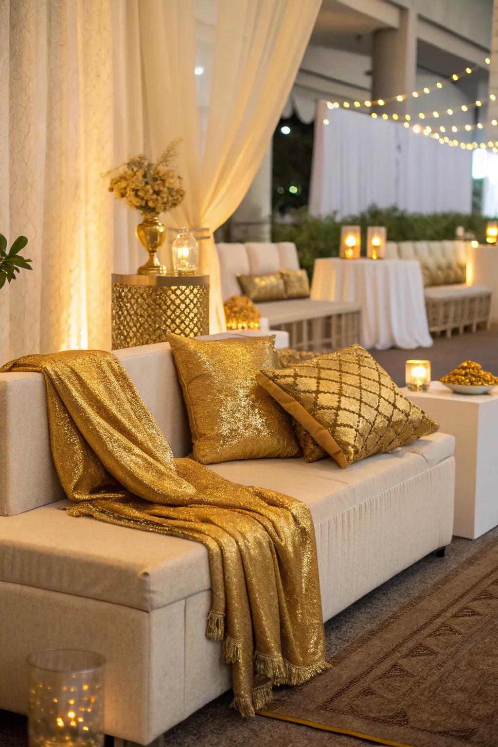 A chic seating area dressed in gold for added luxury.