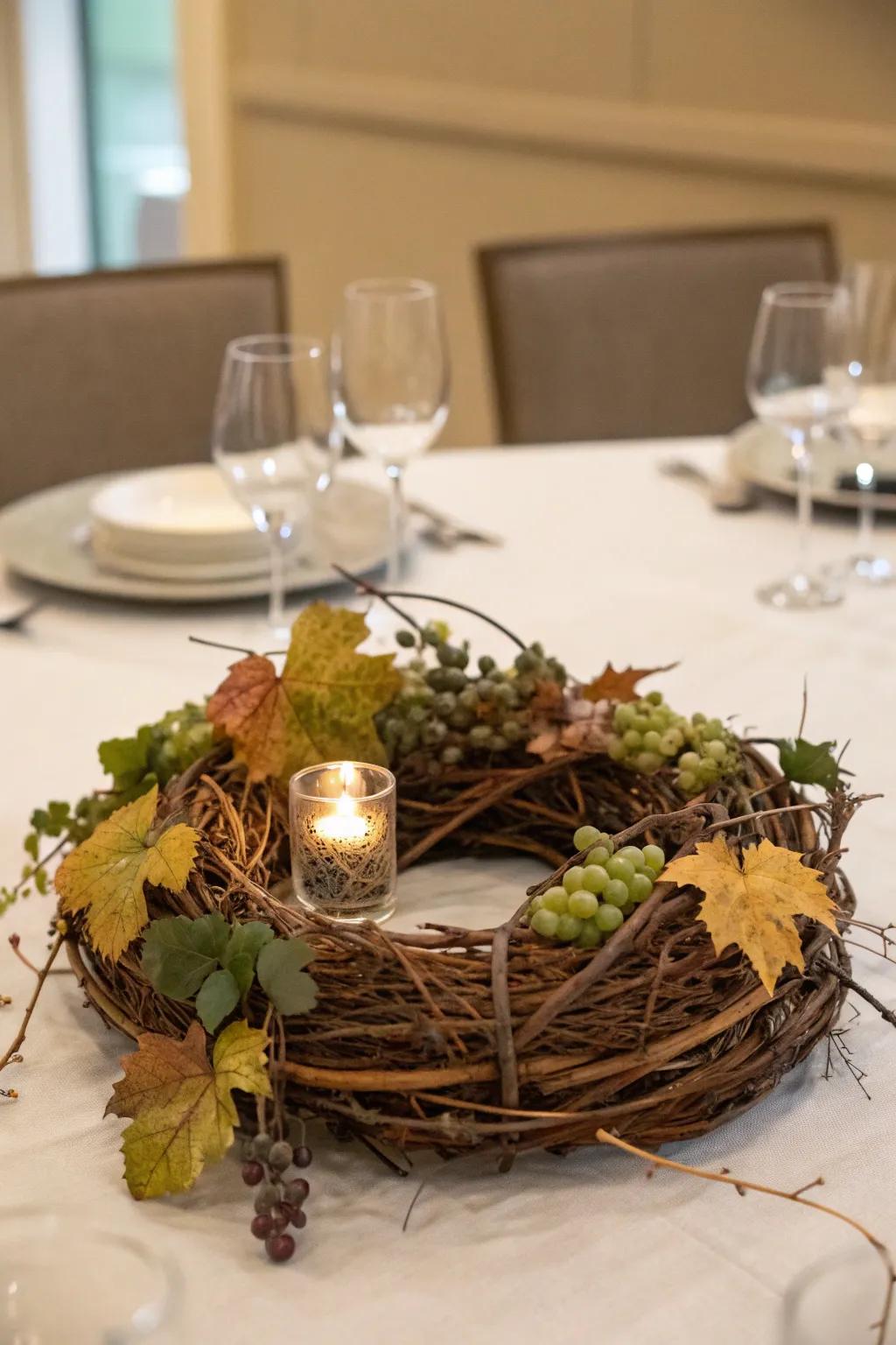 An eco-friendly centerpiece with grapevines and dried foliage.