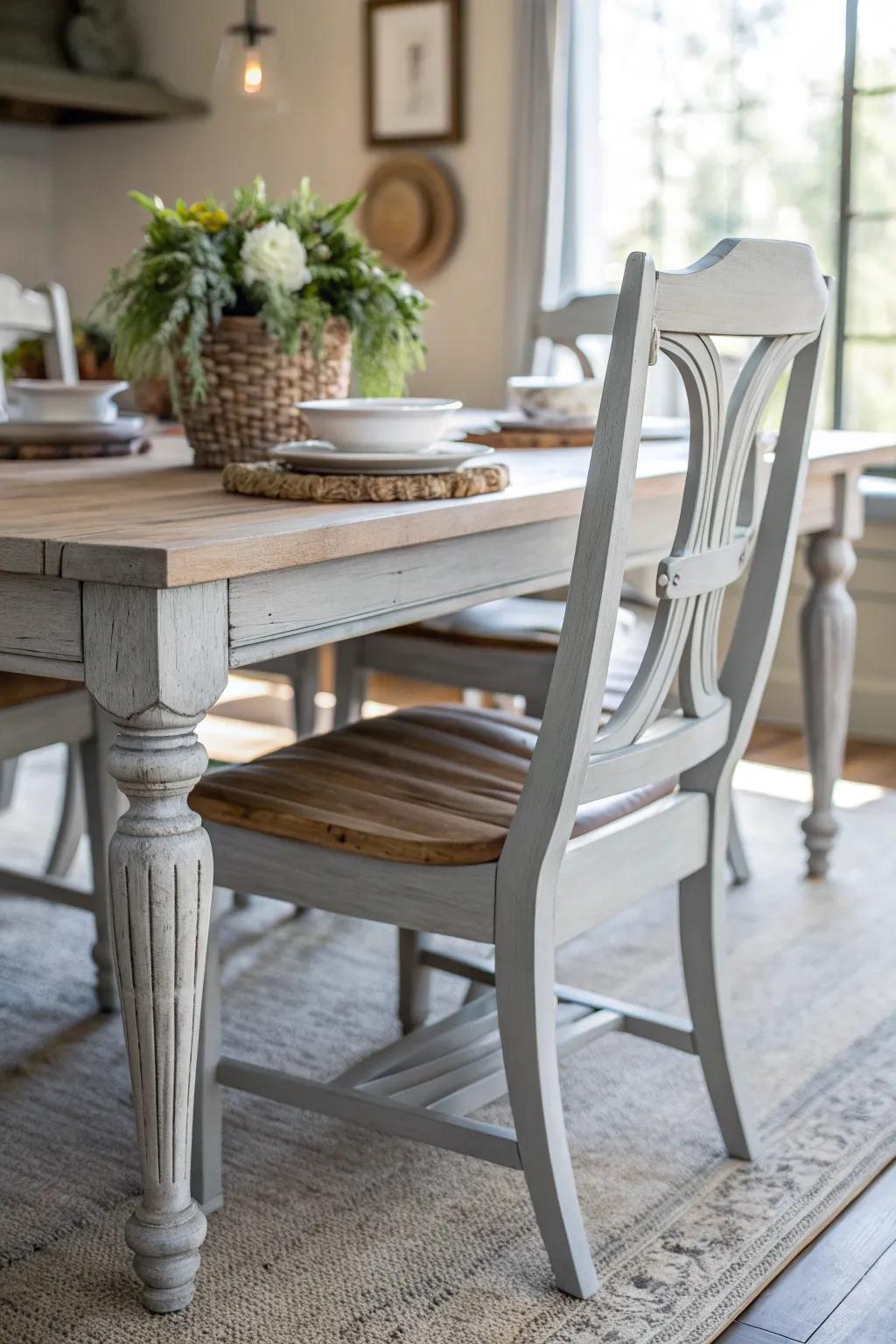 Elevate your dining space with the timeless elegance of gray painted chairs, where simplicity meets craftsmanship.