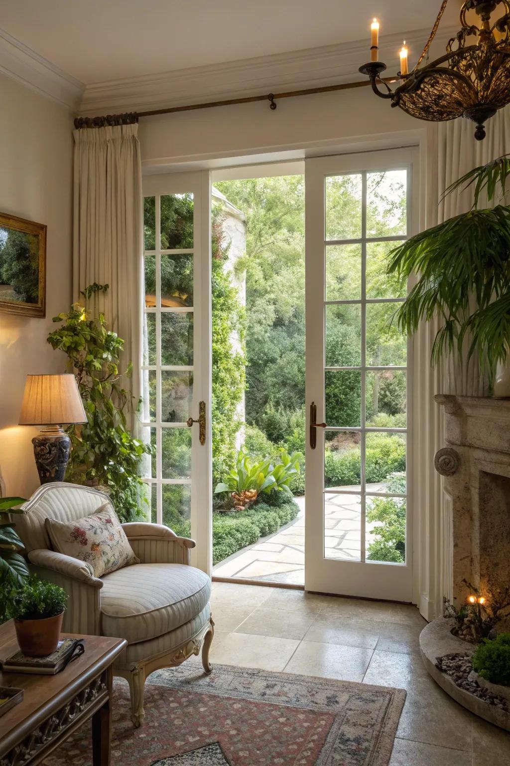 French doors create a seamless transition from the living room to the garden.