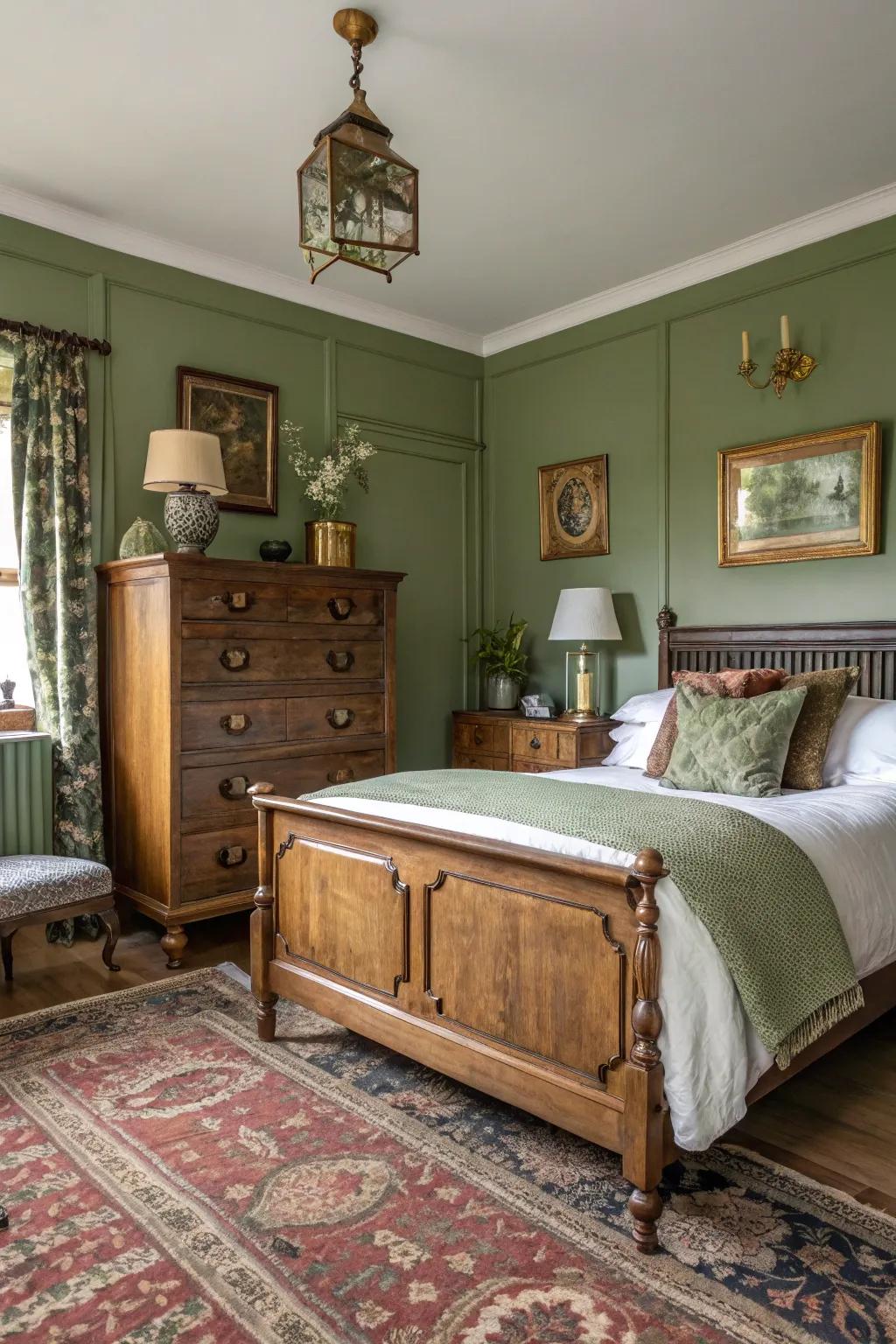 A vintage-inspired bedroom with olive green walls and elegant brass touches.