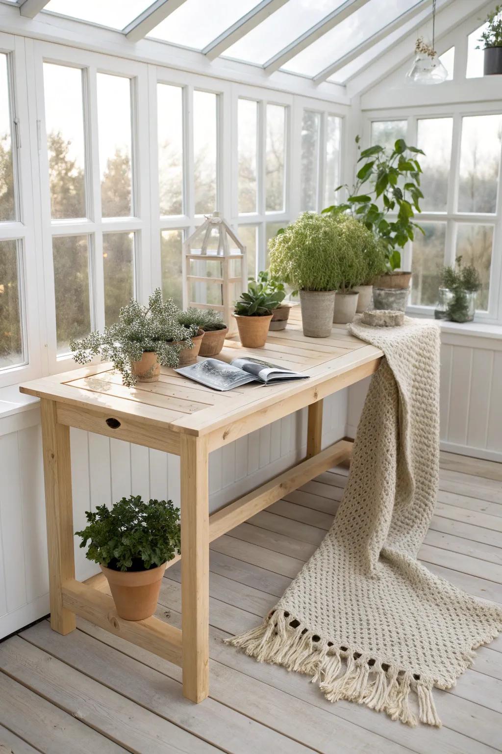 Craft Your Own Minimalist Greenhouse Table: Where Simplicity Meets Natural Beauty.