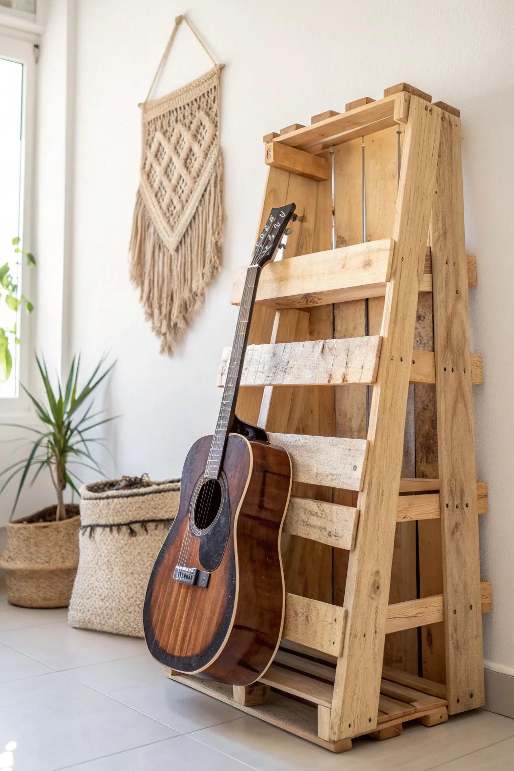Embrace rustic charm with this stunning pallet guitar case rack, where simplicity meets natural beauty.