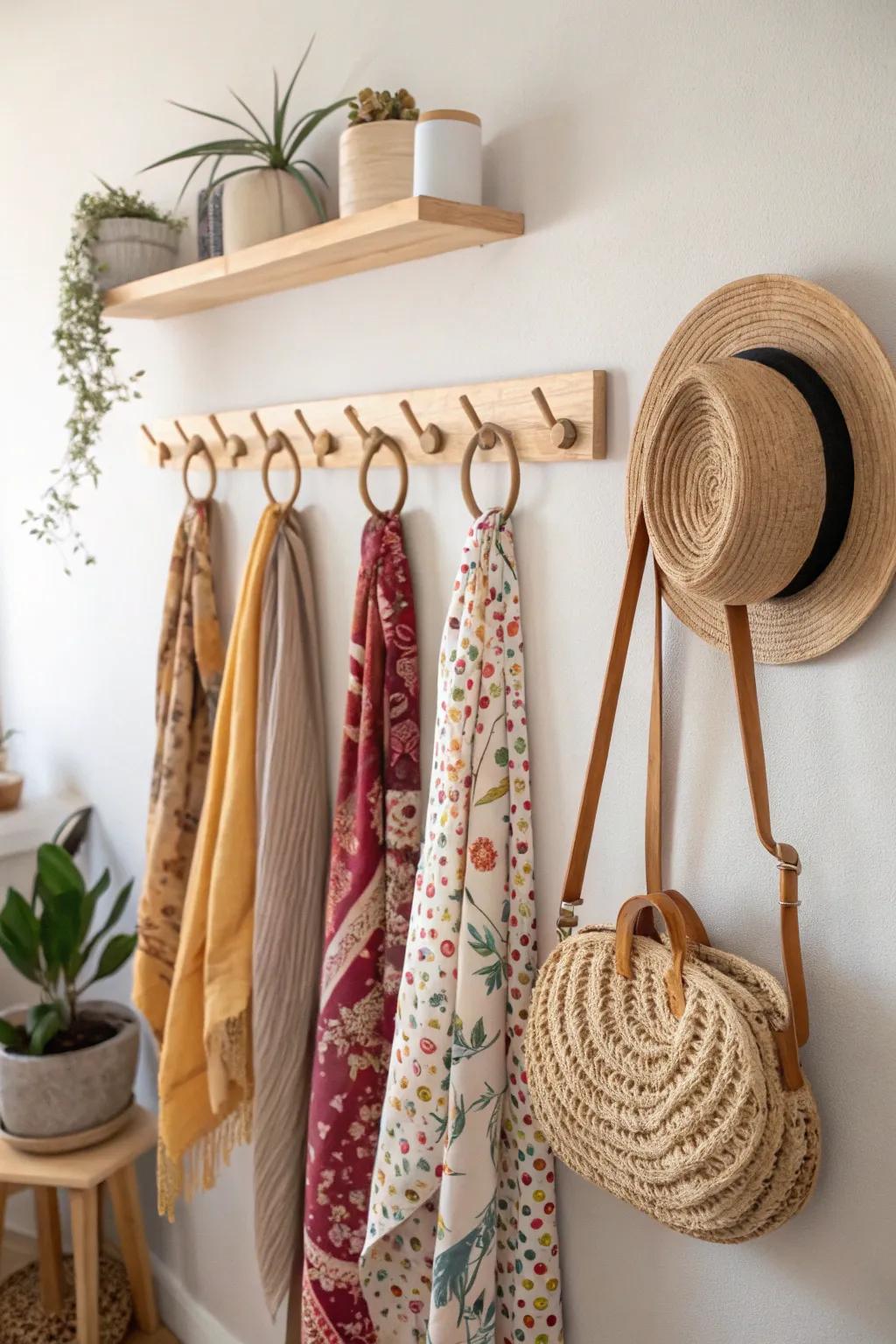 Elevate your space with a chic and functional wall hook display that marries Scandinavian simplicity with boho flair. Perfect for headbands and scarves!