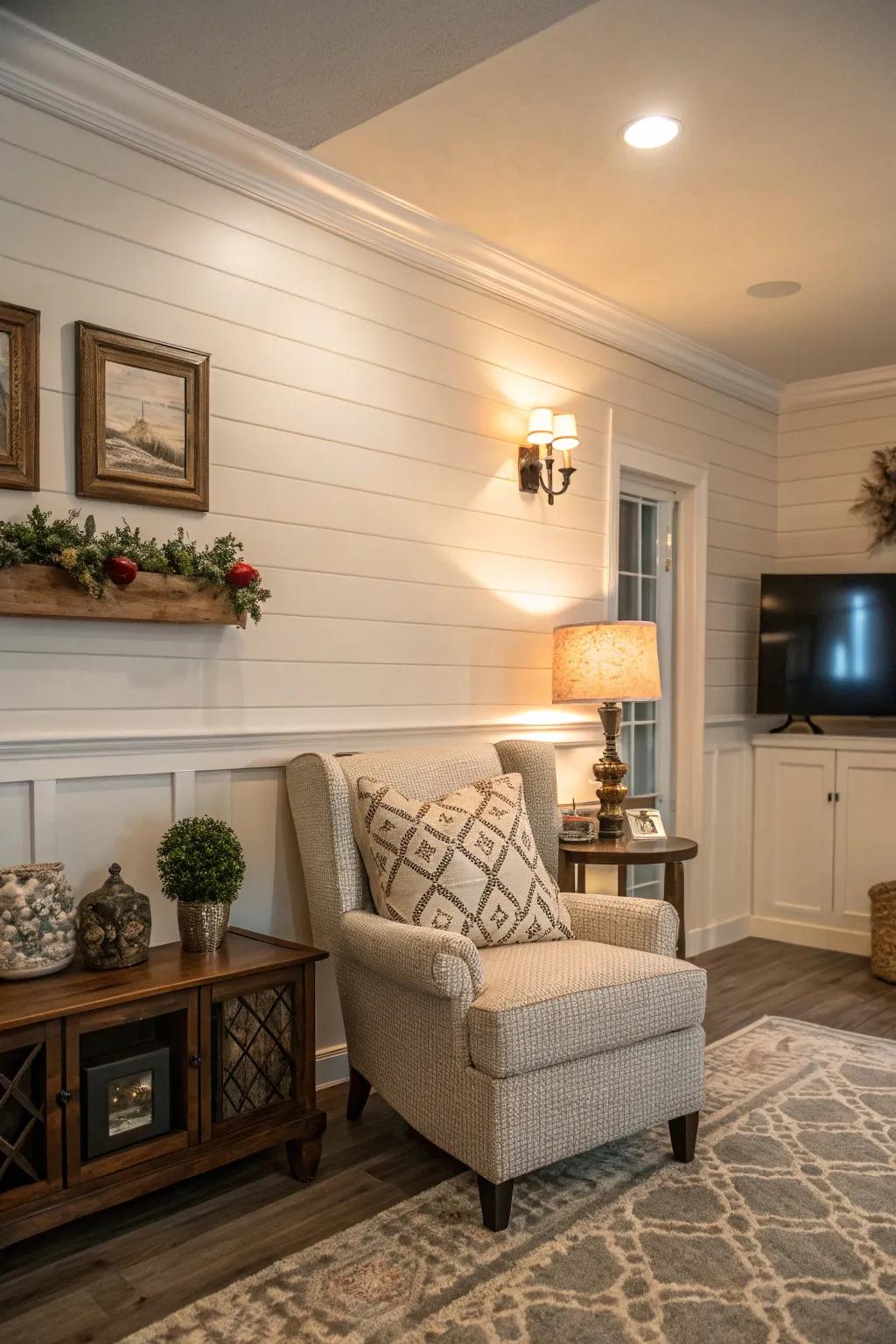 A shiplap feature wall adds dimension and focus to the living area.