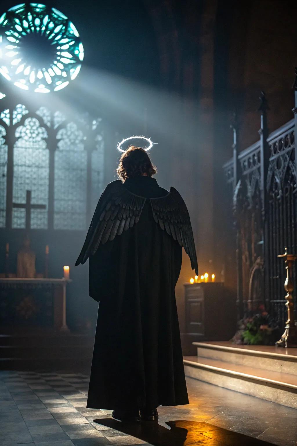 A dark angel robe offers an intriguing mix of light and shadow.