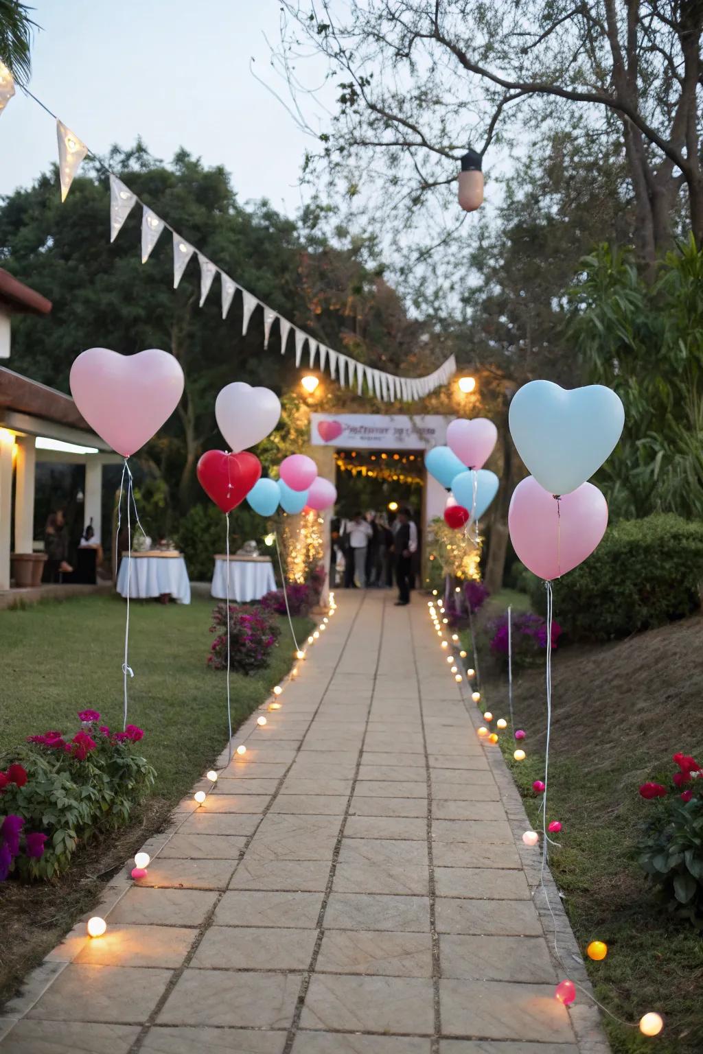 A heart balloon pathway creates a charming entrance.