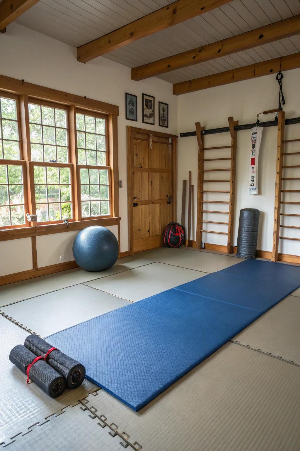A multi-purpose dojo adapts to various fitness routines.