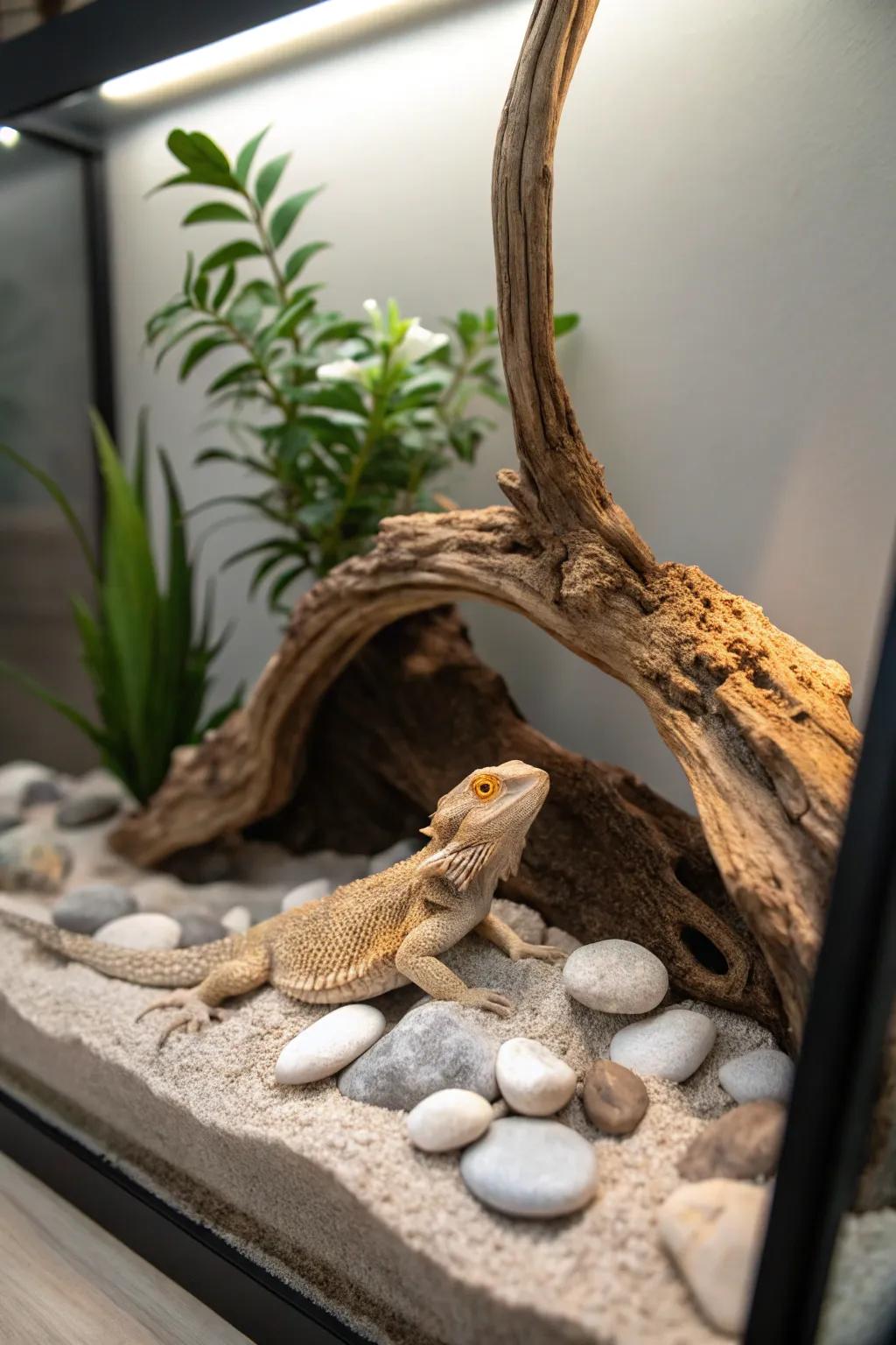 Embrace serene elegance with a minimalist aquascape-inspired bearded dragon tank.