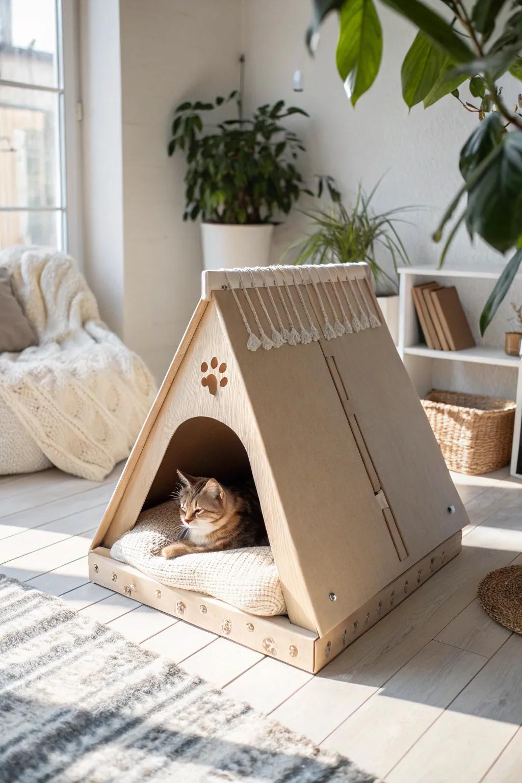 Create a cozy corner for your feline friend with this minimalist cardboard cat house, where simplicity meets warmth and comfort.