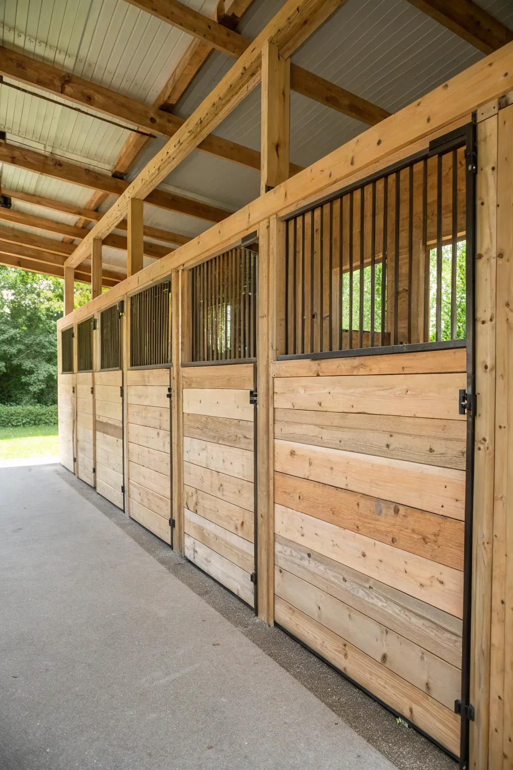 Transform your horse stall with eco-friendly elegance: Recycled pallet walls for a touch of nature-inspired charm.