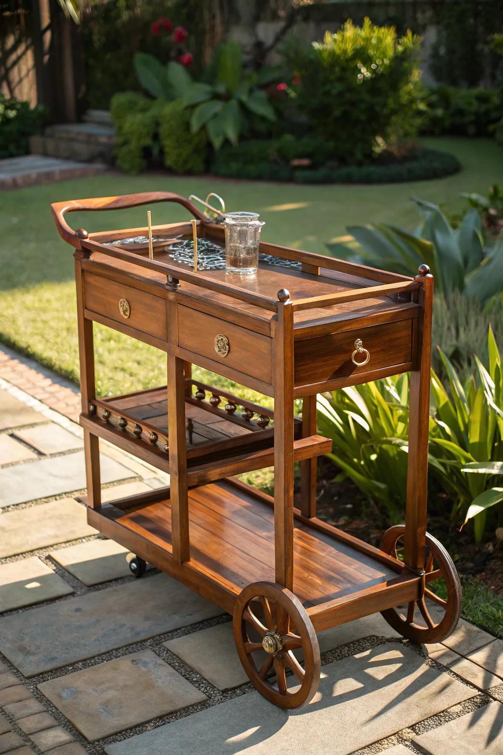 Elevate your outdoor gatherings with this stunning handcrafted convertible bar cart, where style meets functionality.