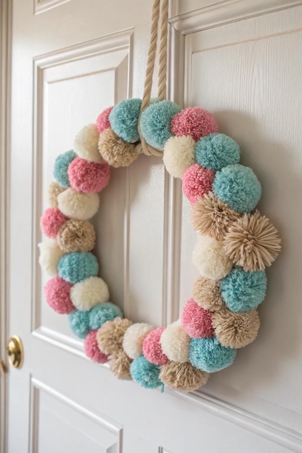 Add a touch of whimsy to your home with this DIY pom-pom and yarn wreath—perfect for crafting mornings with friends.