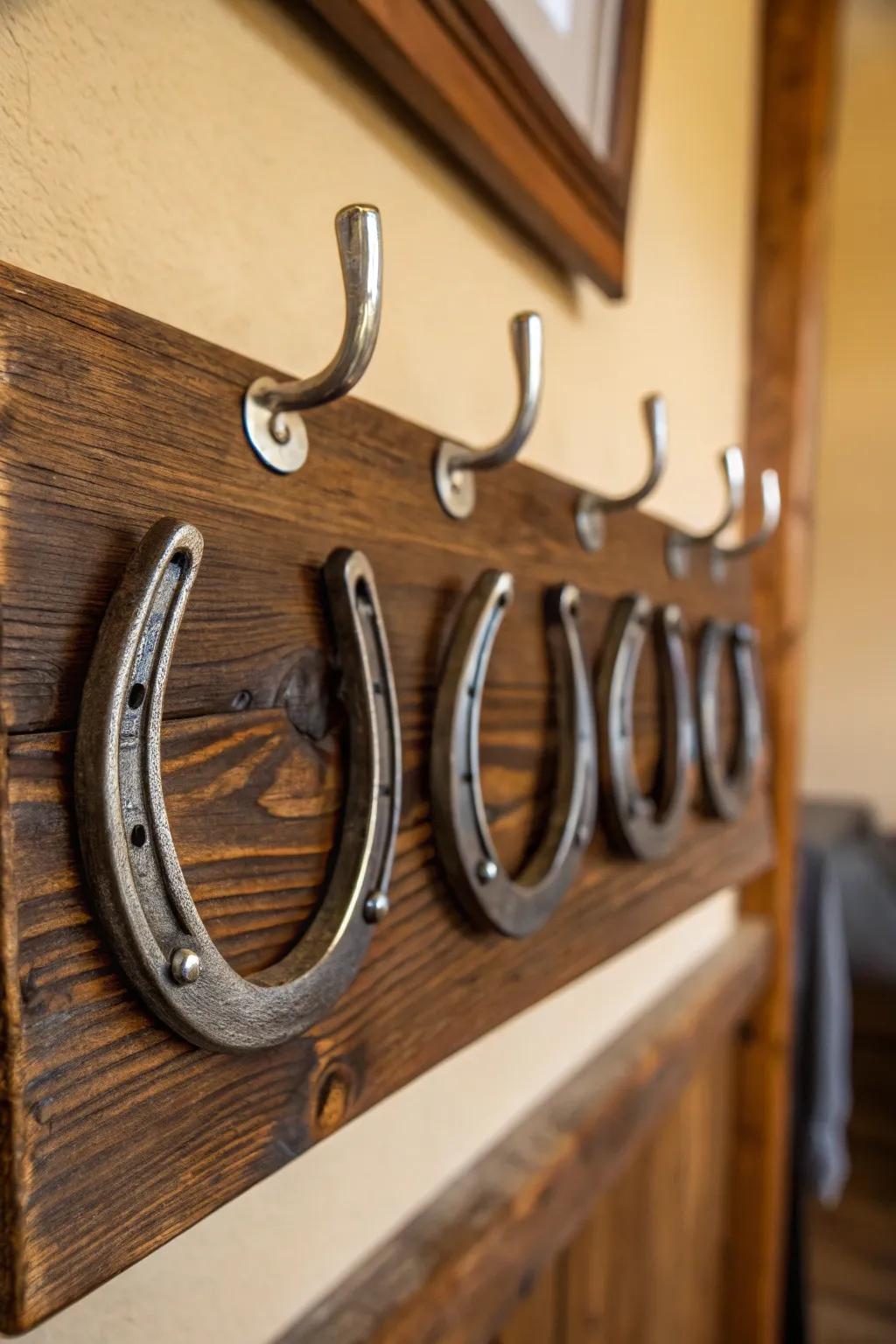 Add rustic charm to your entryway with this handcrafted horseshoe coat rack—where functionality meets artistry.
