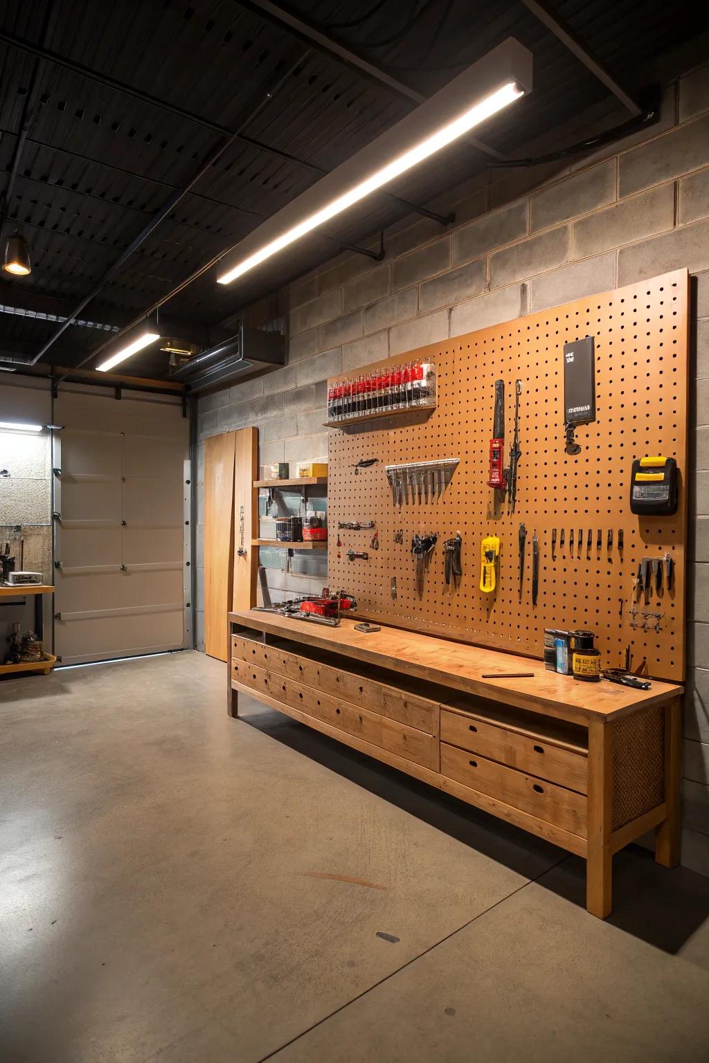 Transform your basement into a sleek, organized workspace with stylish pegboard walls.