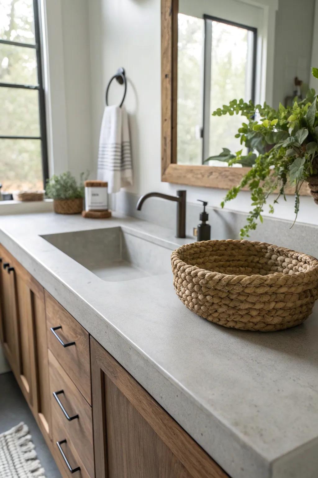 Elevate your bathroom with the industrial chic of a concrete overlay—a perfect blend of minimalism and natural beauty.