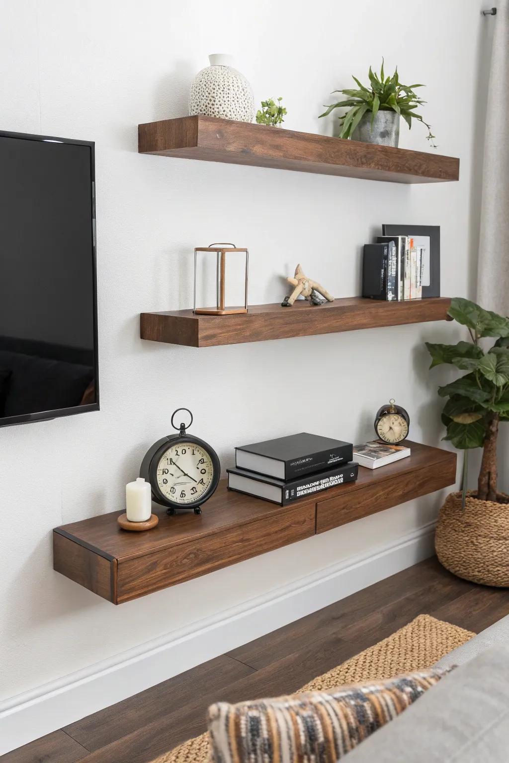 Elevate your space: Hide cords in style with expertly crafted floating shelves.