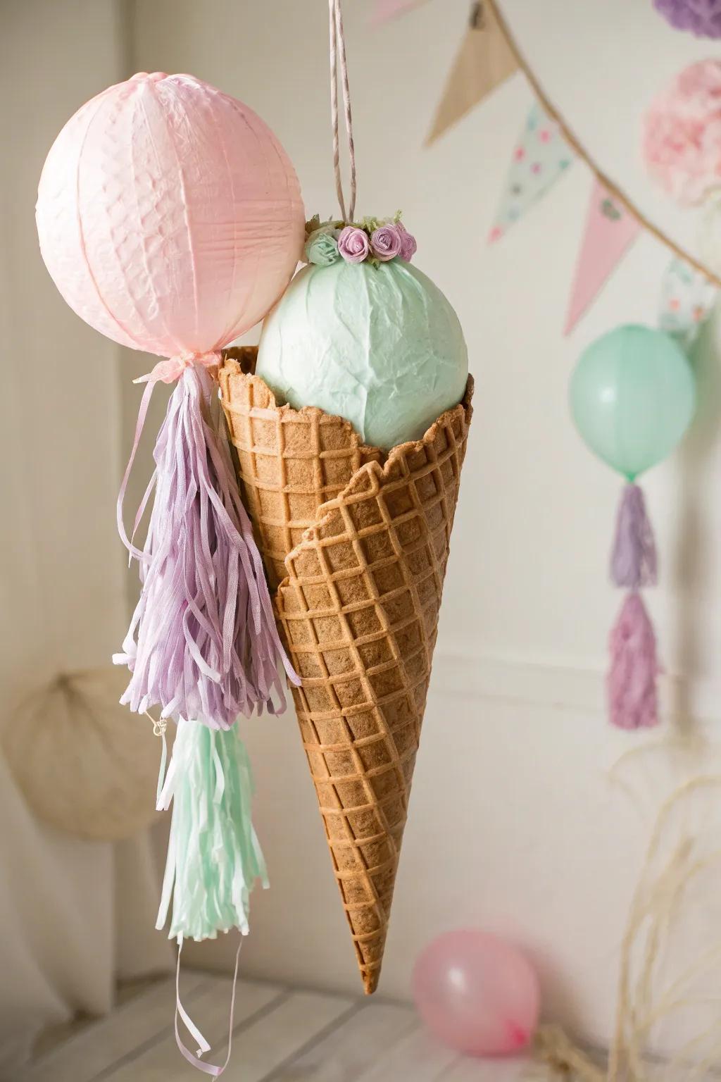 Add a touch of whimsy to your celebration with this charming ice cream cone pinata, a perfect blend of minimalism and boho style.