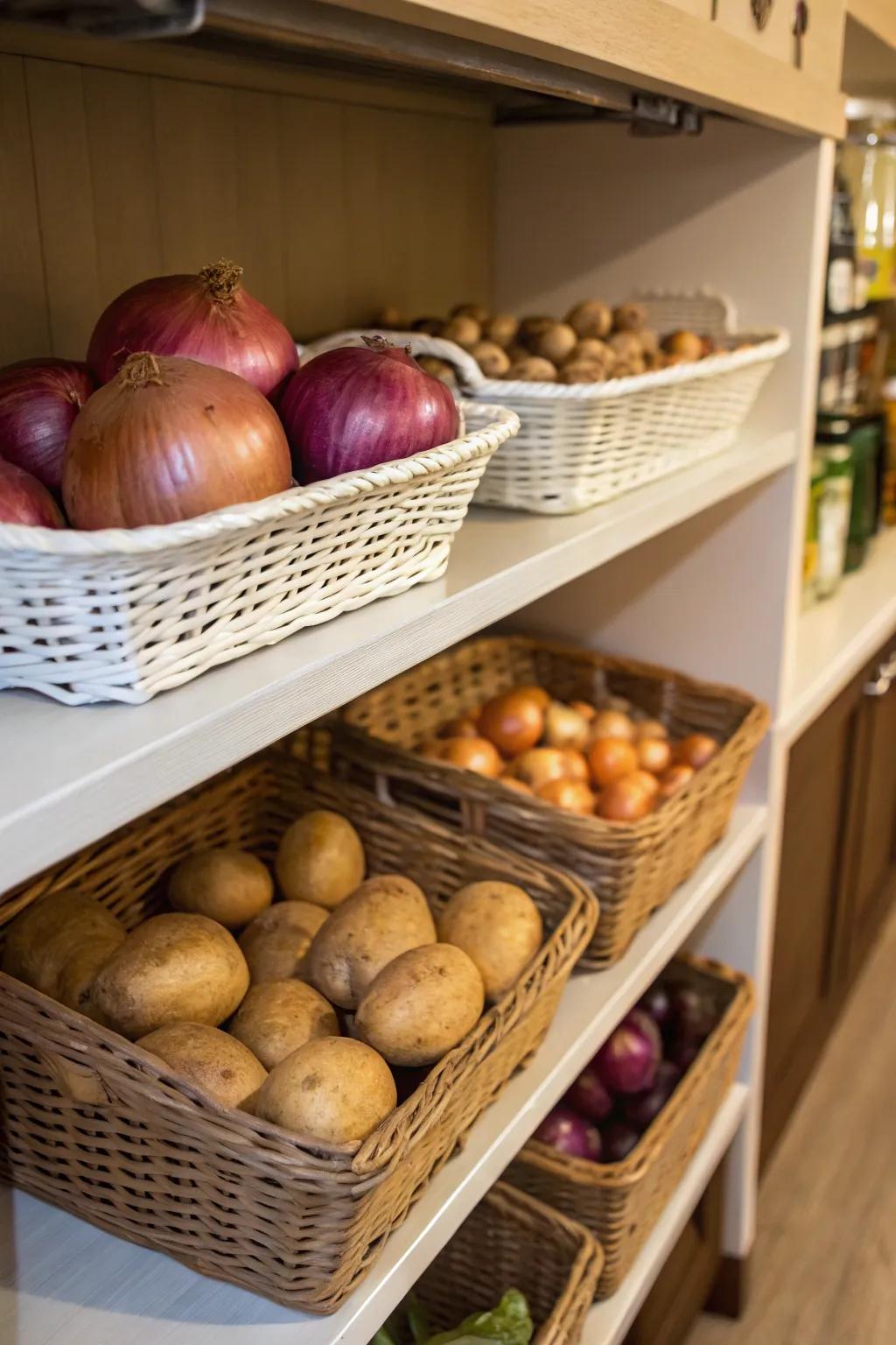Under-shelf baskets make clever use of vertical space for storage.