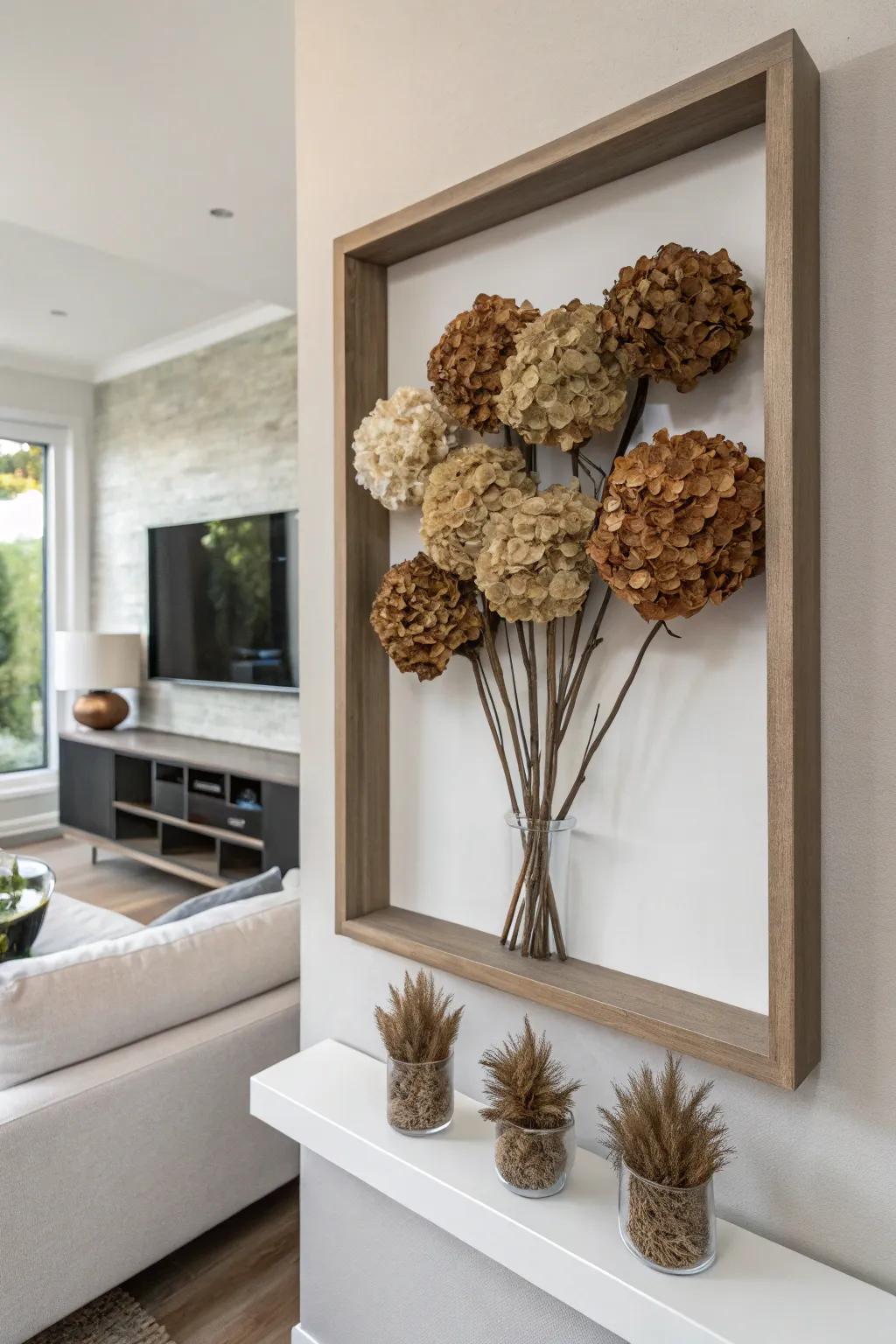 Dried hydrangeas transformed into captivating wall art.